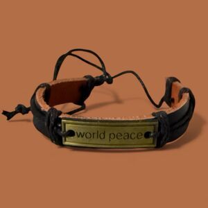 World Peace Leather Bracelet Stackable - Adjustable Cord Tie - Black